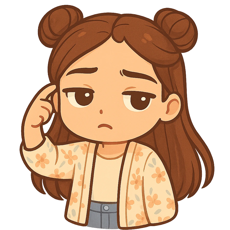 Create a chibi sticker of the girl from the reference image. She is twirling her finger at her temple with a tired, 'seriously?' look (not angry). She has brown straight hair styled in double buns, brown eyes, wearing a pastel floral cardigan and jeans. The sticker should have a white outline and a transparent background, sized 512x512px. emoji