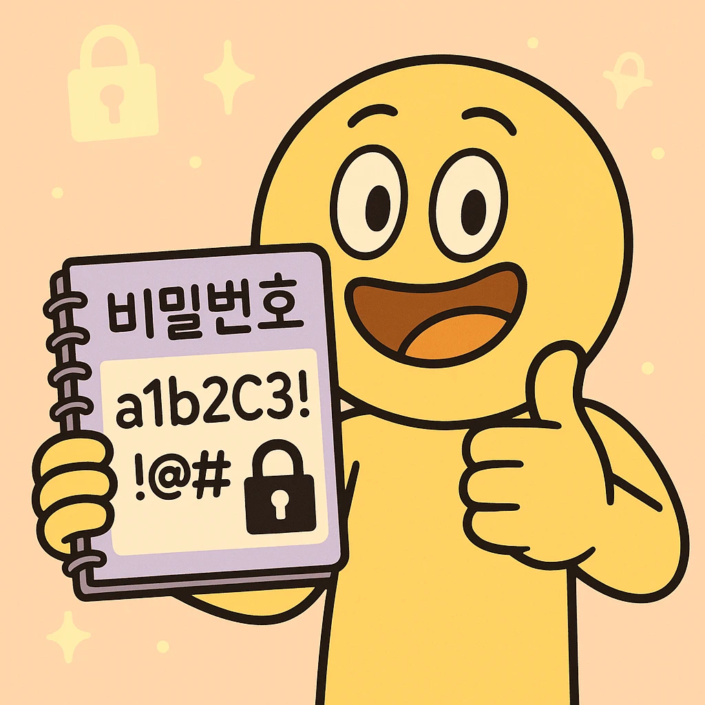 cheerful emoticon character with a notebook labeled '비밀번호' in Korean, showing strong password 'a1b2C3!@#' and lock icon, character giving thumbs-up, glowing lock icons in pastel background, flat, bright, cartoon style, 360x360px, PNG emoji