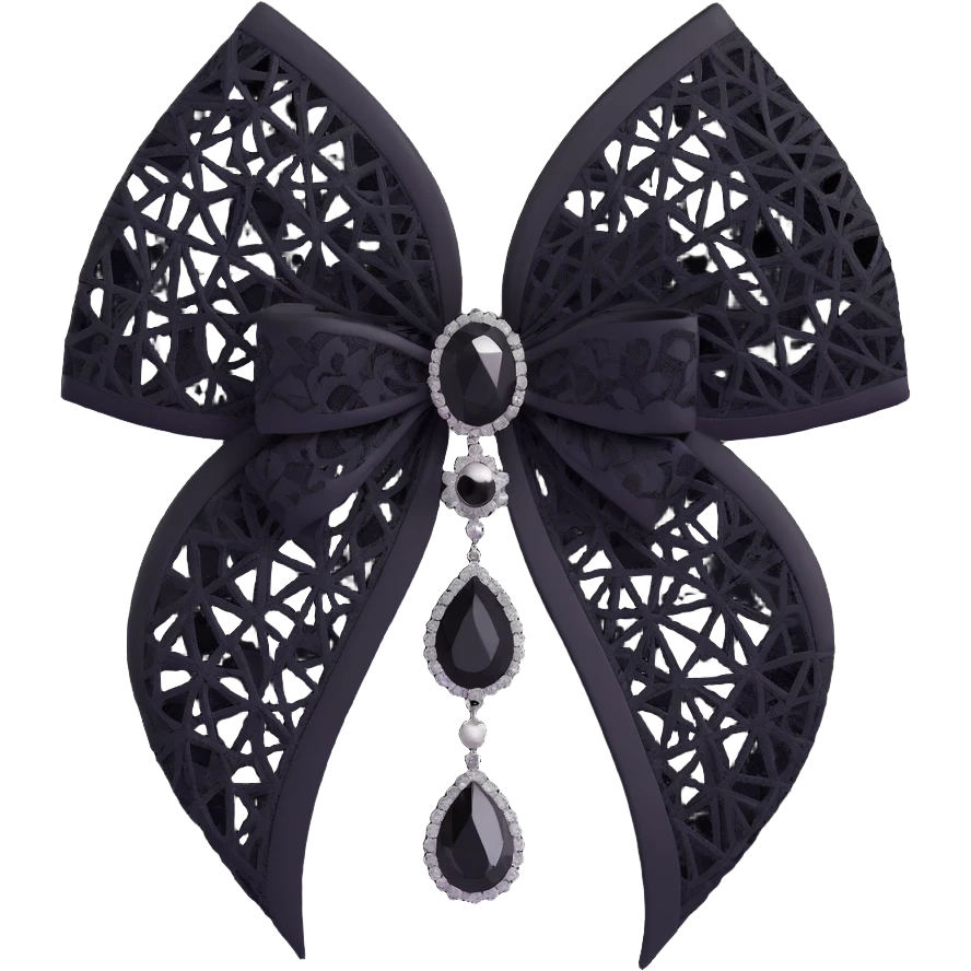 3D emoji gothic bow, white silk, silver spiderweb brooch, black lace overlay, black feather accents, single black teardrop gem emoji