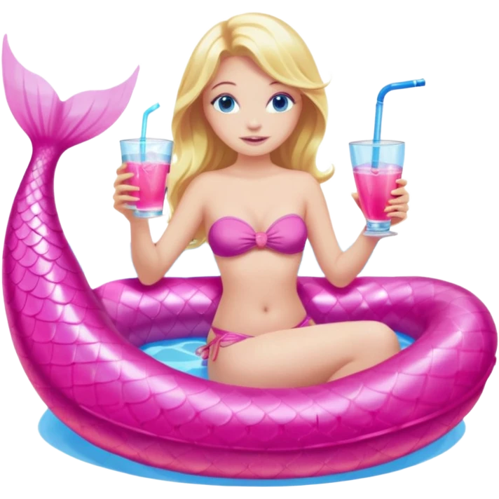woman who is a mermaid with blonde hair and blue eyes sitting in a pink pool tube in a blue pool sipping a drink wearing a pink bikini top and a pink mermaid tail  emoji