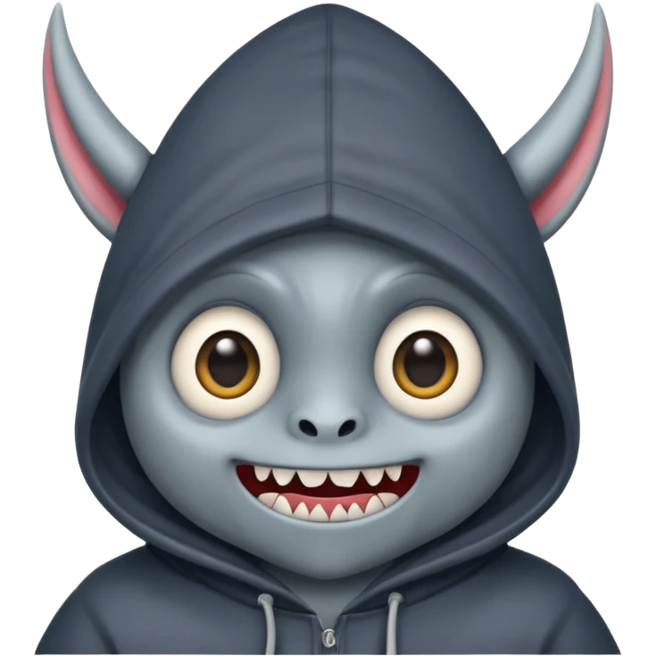 mischievous cute character, round face, big eyes, triangular teeth, hood with upright ears, unique monster emoji