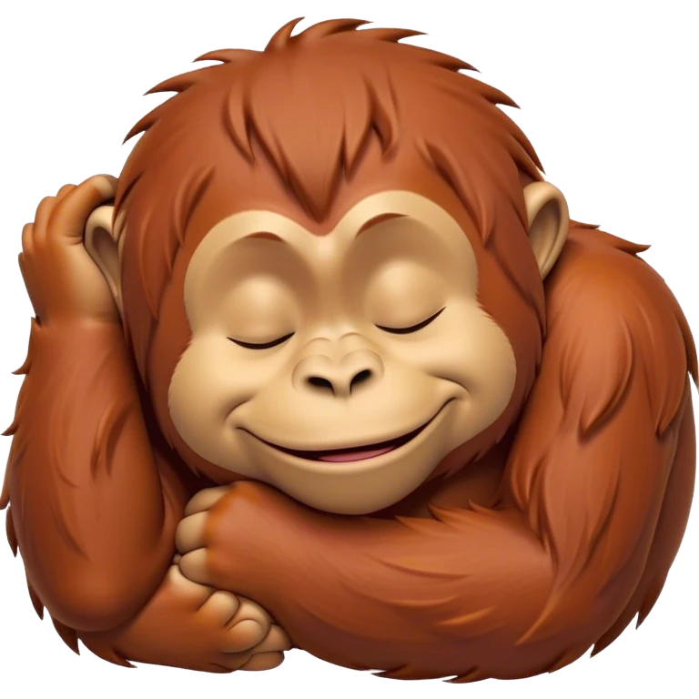 Meme-Worthy cute Sleeping Orangutan Portrait Emoji, Head resting peacefully with a contented smile, showcasing luxuriously soft fur and eyes gently closed in serene slumber, Simplified yet comically adorable features, highly detailed, glowing with a soft, drowsy jungle light, high shine, relaxed and utterly lovable, stylized with an air of playful laziness, bright and heartwarming, soft glowing outline, capturing the essence of a sleeping orangutan that feels destined to become the next viral icon of adorable rest! emoji