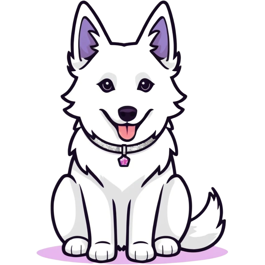white Swiss Shepherd dog with a Glitter collar . Above the dog a lettering with the word "Fussel" emoji