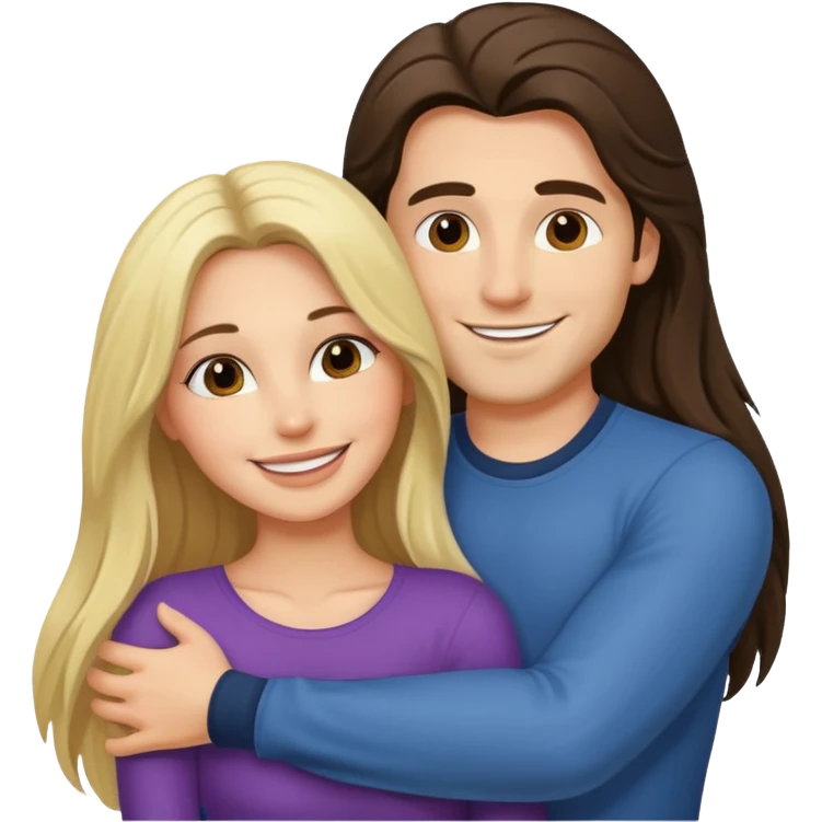 A happy boyfriend and girlfriend hug. She is brunette sexy with long hair. He is blonde emoji