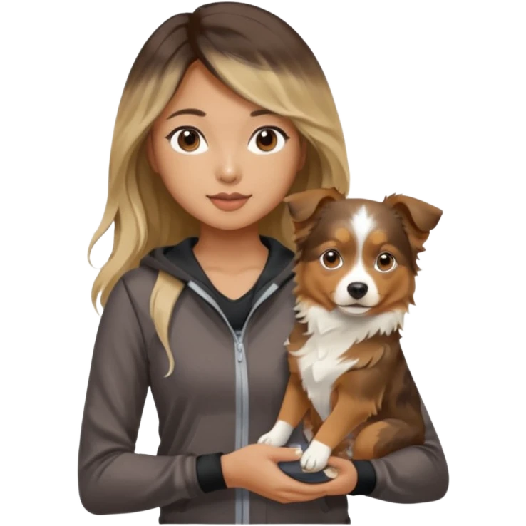 An Asian lady with long balayage hair with blonde highlights, in a brown gym outfit, holding a mini Australian shepherd  emoji