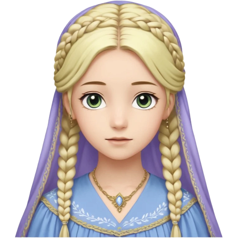 Joven de unos 20 años, de aspecto dulce y elegante.
Piel clara, ojos (pueden ser azules o verdes)
Rubio o castaño claro, largo, con trenzas o velo.
Vestido largo de tonos suaves (blanco, azul o lavanda), con bordados dorados; un manto o toca fina cubriendo la cabeza. Todo el cuerpo emoji