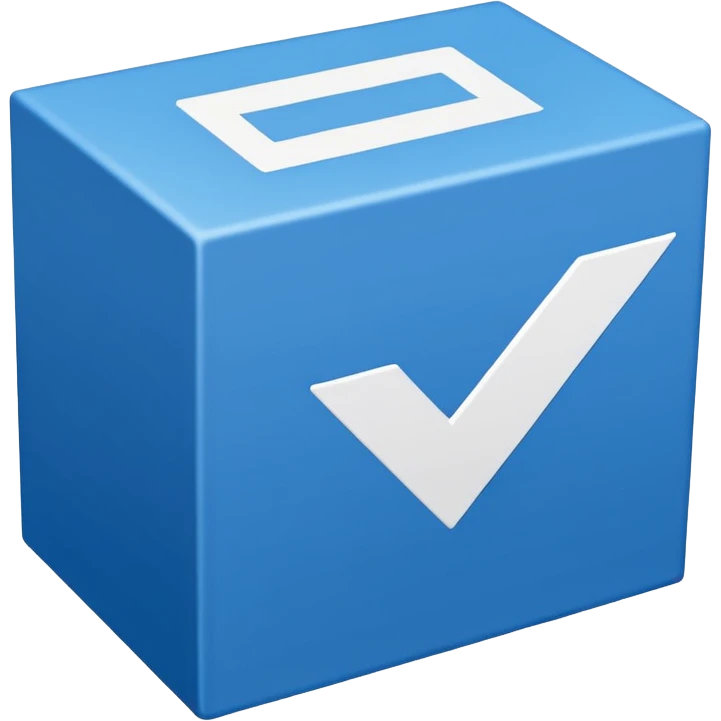 Blue box with a white check mark in the middle of the blue box that is a little bit tilted to the right and its 2d emoji