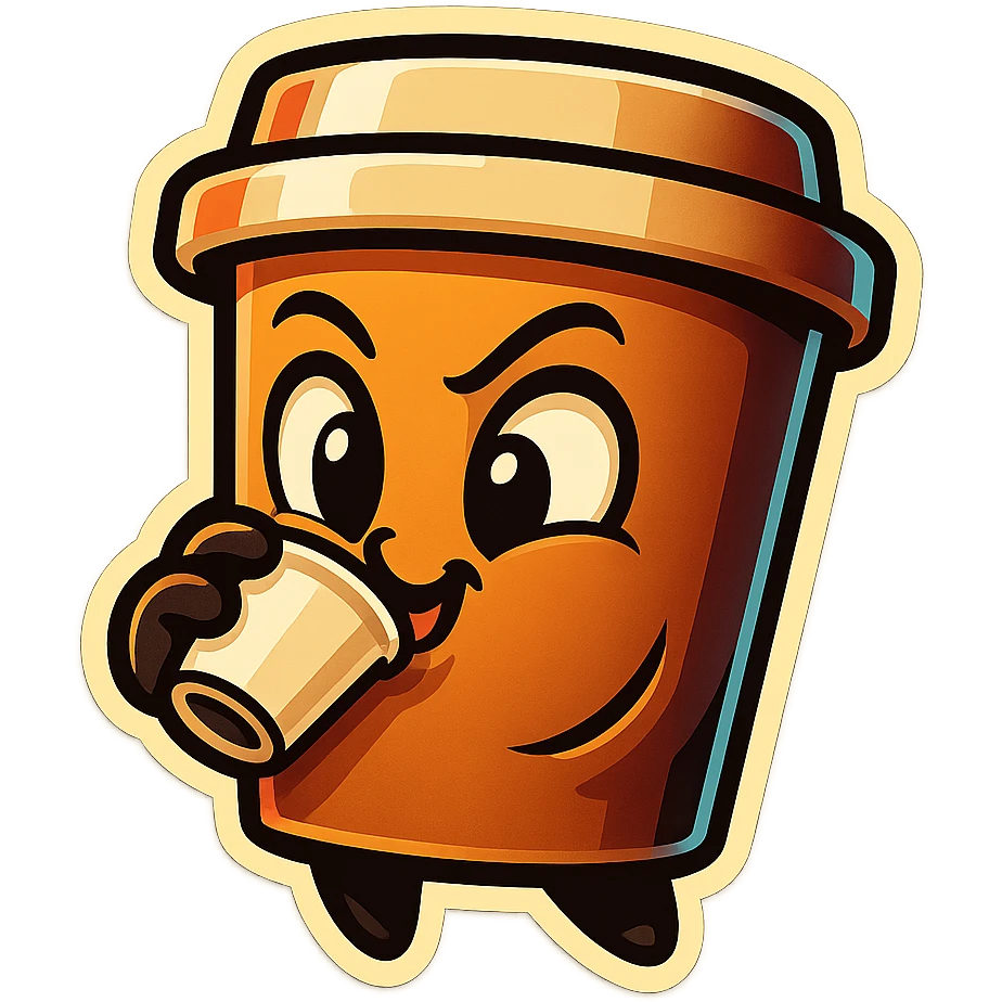 Tall coffee cup, intrigued, mischievous, drinking coffee, looking sideways emoji