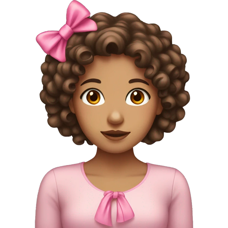 Tan girl with brown eyes dark brown curly hair and a pink bow emoji