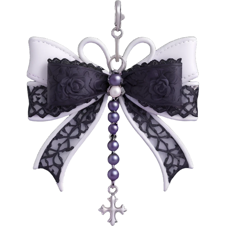 gothic bow, white leather, silver bat charm, black rose center, black lace trim, dark pearl details, silver cross charm emoji