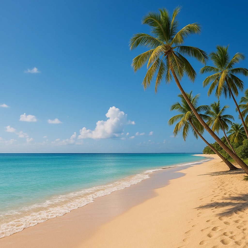 serene paradise scene with a peaceful beach, palm trees, and clear blue skies emoji