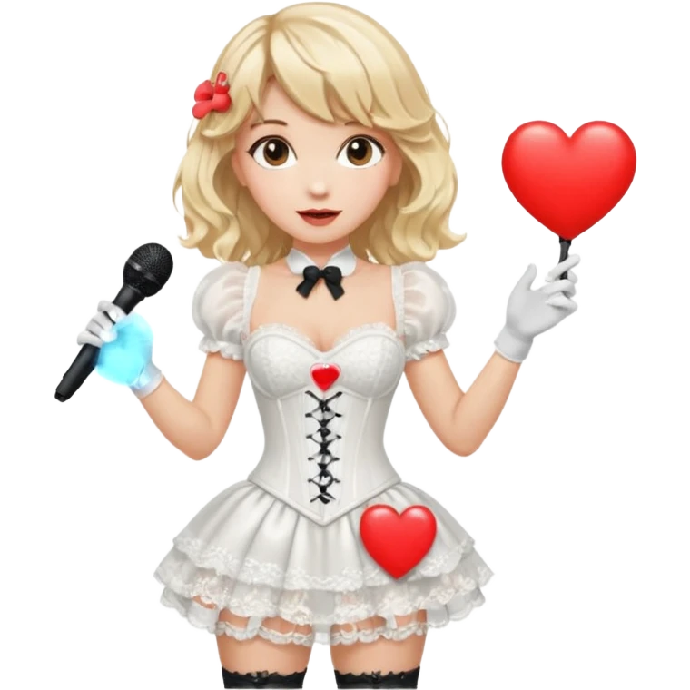 A woman in a white corset mini dress with a puffy skirt, lace gloves, wavy blonde hair with bangs, and a white microphone with a red heart emoji