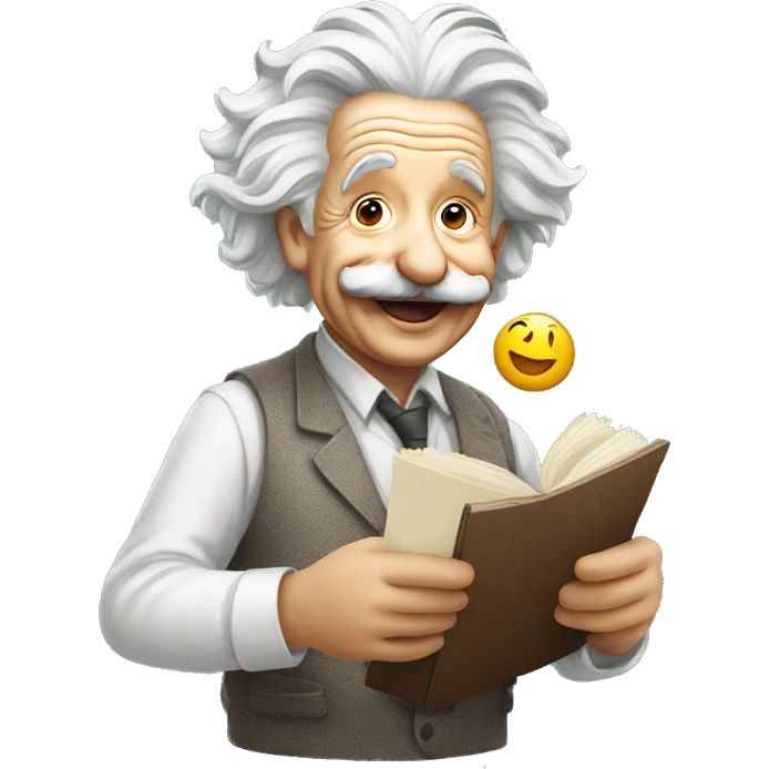 happy albert einstein holding tada emoji in one hand emoji