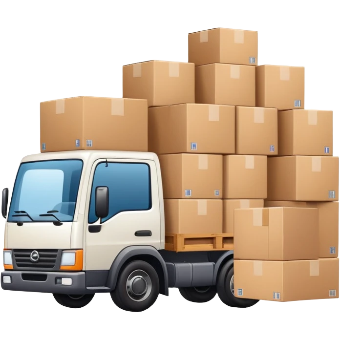 truck with a supplier in work uniform sitting inside, waving hi, cargo area overflowing with many boxes emoji
