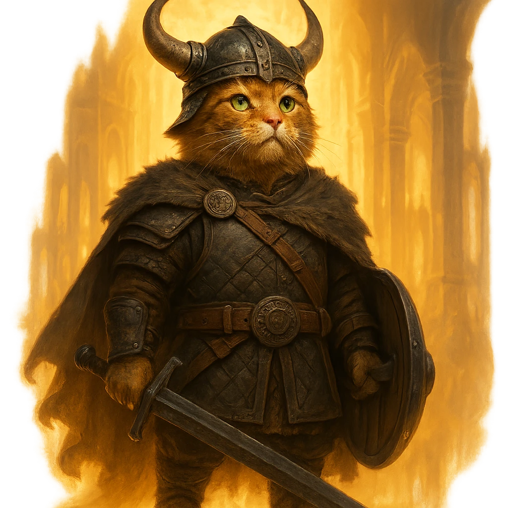 ginger cat as a valorous Viking, standing in Valhalla, glowing background, majestic emoji