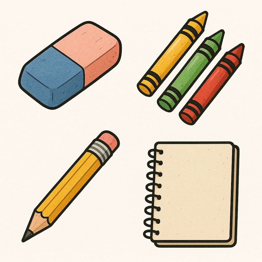 illustration of an eraser, various styles of school supplies emoji