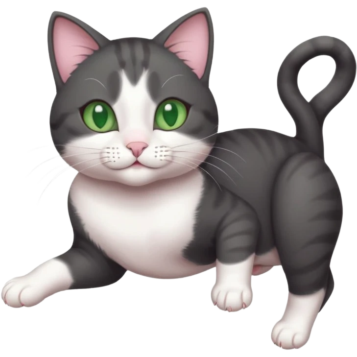 beautiful female solid dark grey cat with green eyes, white toes/paws and white patch on her chest playfully rolling upside down emoji