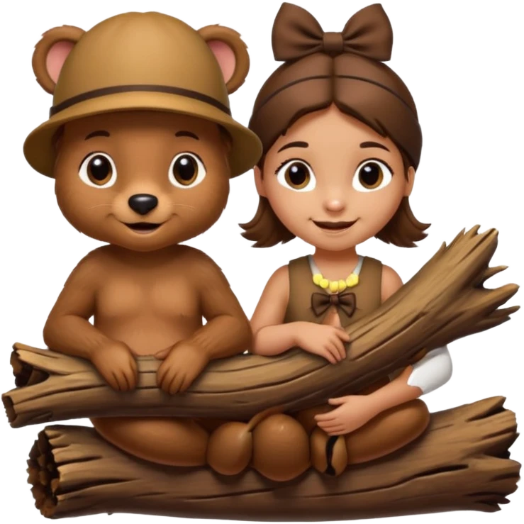 a girl beaver and a boy beaver on a log. give the girl eyelashes and a bow on top of her head emoji