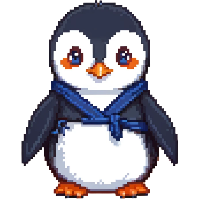 A penguin wizard with a serious expression, wearing a dark blue robe, hands clasped together emoji