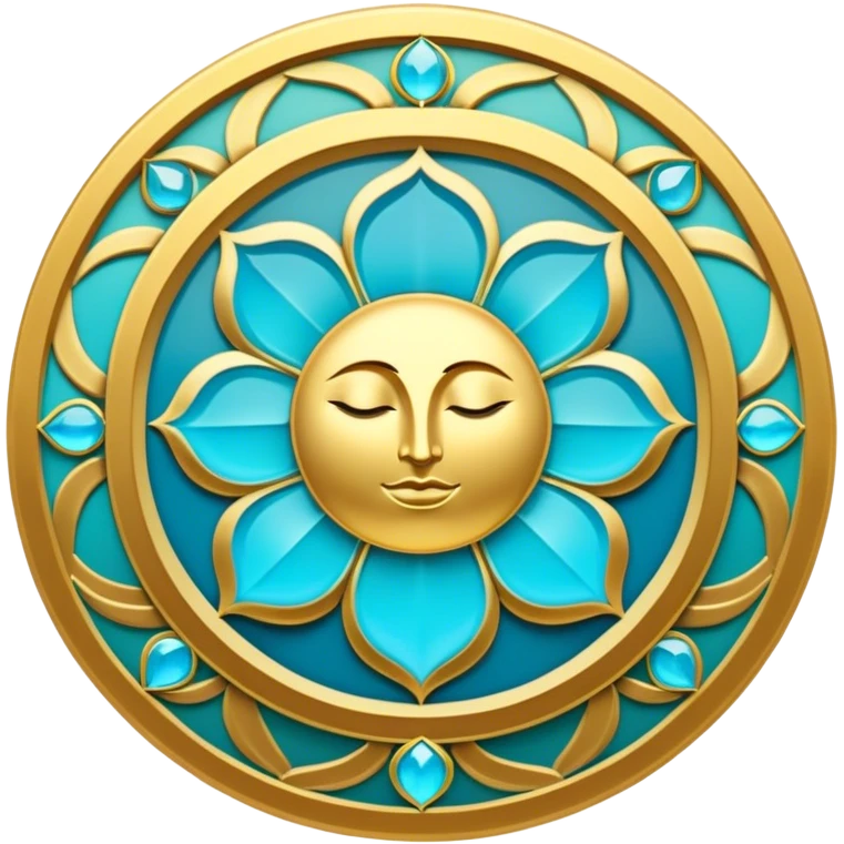 Un libro dorado y azul celeste con detalles esmeralda, bordes luminosos y un símbolo de círculo zen, un rayo de luz o un loto en la portada, irradiando presencia, tranquilidad y despertar espiritual.  emoji