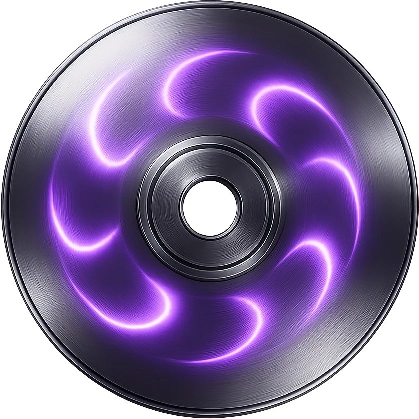 A minimalist CD disc with abstract pattern, glowing effect, purple color, chrome style emoji