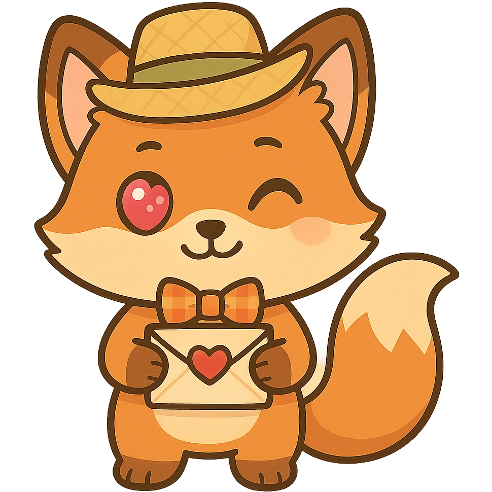 Make the fox wink with a shy happy expression, wearing a festive festa junina outfit, holding a love letter, with a big sparkling heart eye. Keep the cute chibi cartoon style, orange with white belly and fluffy tail, emoji-like proportions, and minimal or transparent background. emoji