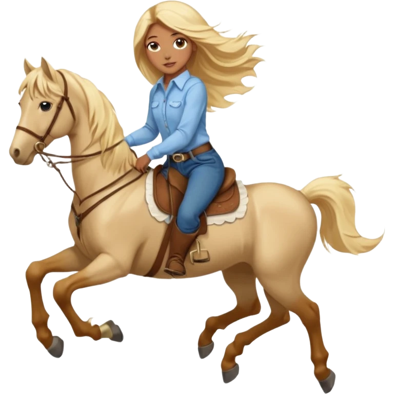 Brown girl with blue eyes and very, very long blonde/gold hair that’s blowing in the wind wearing a cream colored collared long sleeve shirt and jeans with brown boots on top of a brown horse, don’t show it’s legs  emoji