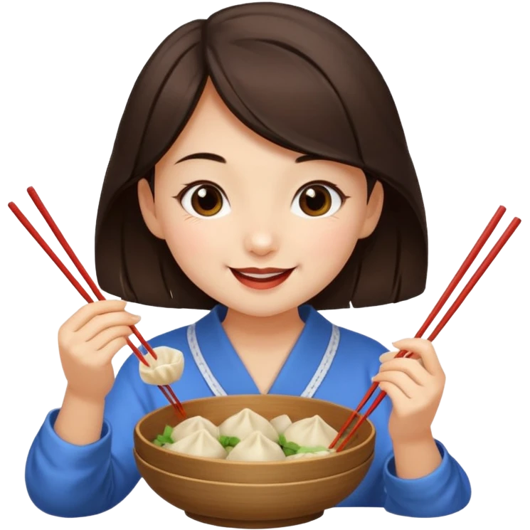 A dark brown-haired girl happily eating dumplings. emoji