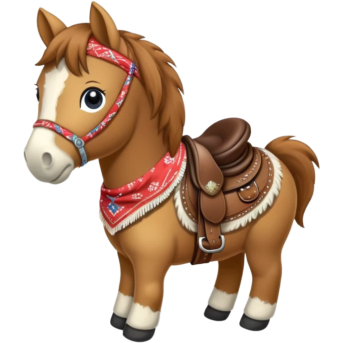 A brown plush pony with a western saddle and bandana emoji
