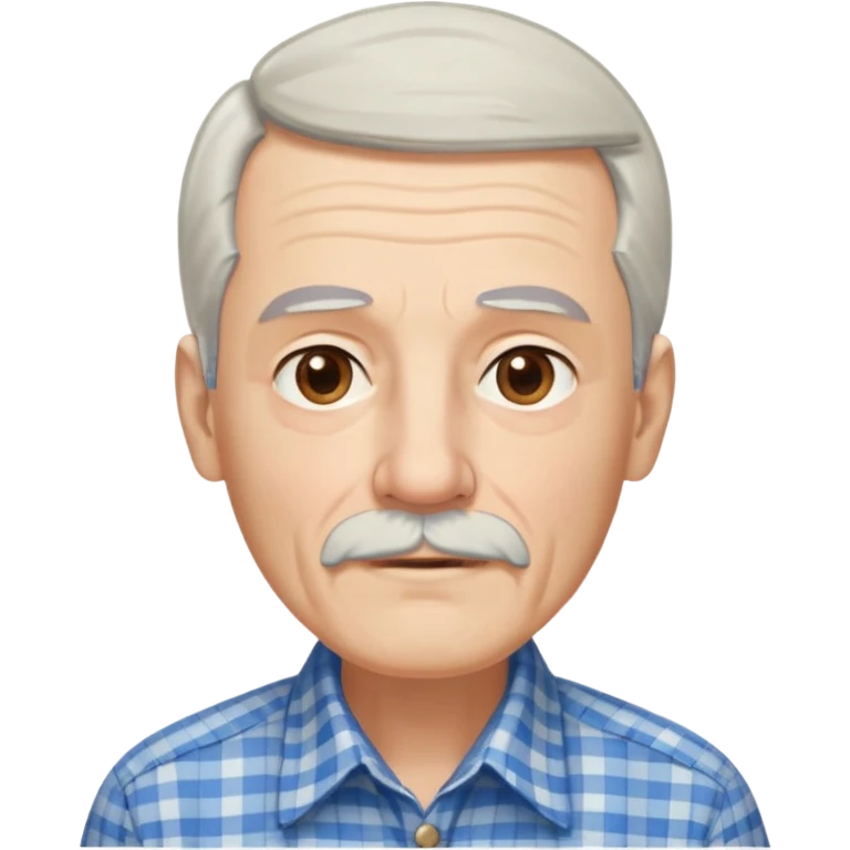 Thin elderly man with light skin. Elongated face with kind expression. Light brown eyes. Thin eyebrows. White goatee and white mustache. Fine straight gray-white hair with bangs, hair is long and goes past his ears. Slim build. Wearing a blue and beige checkered button-up shirt. emoji