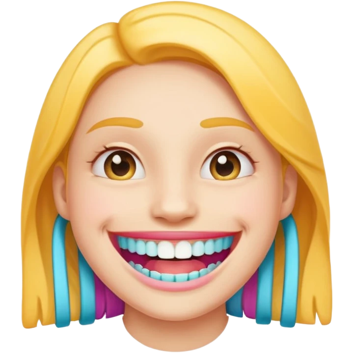 wide smile showing upper and lower teeth with colorful braces, cheerful emoji style emoji