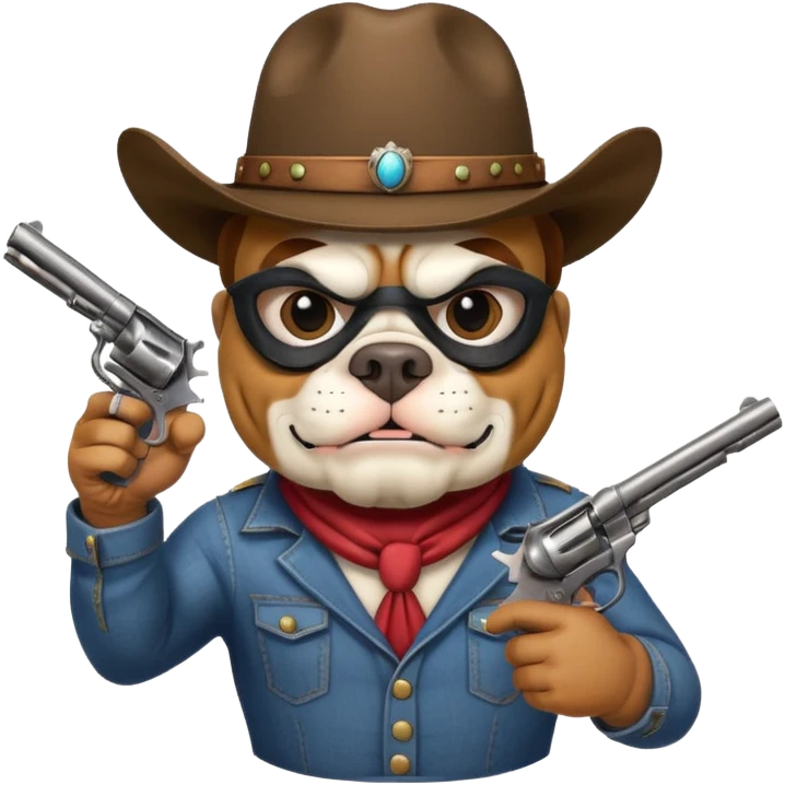 A bulldog wearing a cowboy hat, wearing a mask, pointing a revolver at you and telling you to hand over your money. emoji