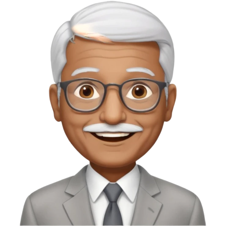 70 yr old indian man, short straight white hair brushed foreward , light grey business suit, big smile, dark brown skin, no moustache, dark brown eyes, glasses
 emoji