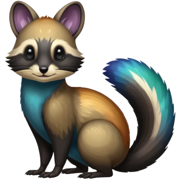 Colorful onyx-obsidian-pitch-black and iridescent Cacomistle-Bunnelby-Numbat-Ferret-hybrid-fusion-animal-creature, full body  emoji