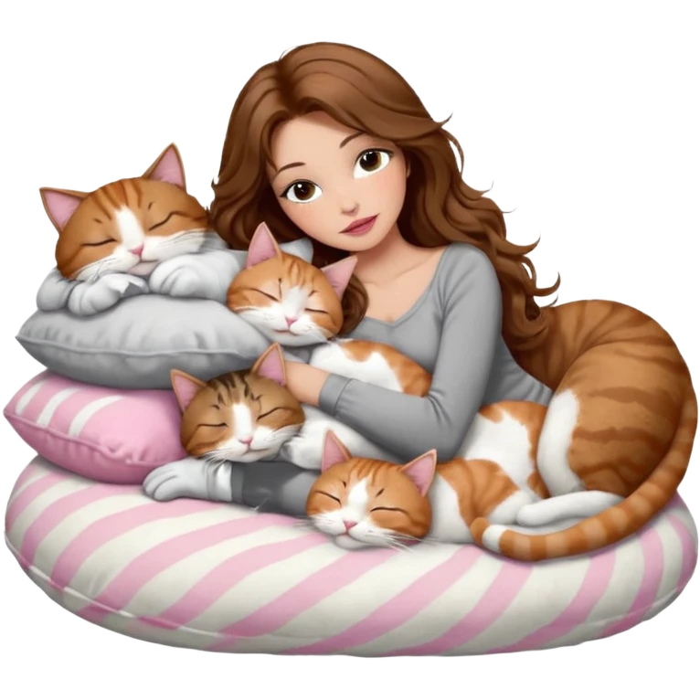 girl with long wavy brown hair, brown eyes, long lashes makeup, sexy pink lips, light to medium complexion,  sleeping on a cozy pillow, with 6 cats: 1 brown and white tabby cat, 1 ginger and white, 2 grey and white, 1 grey with white mittens and small white patch on chest and 1 calico, sleeping emoji
