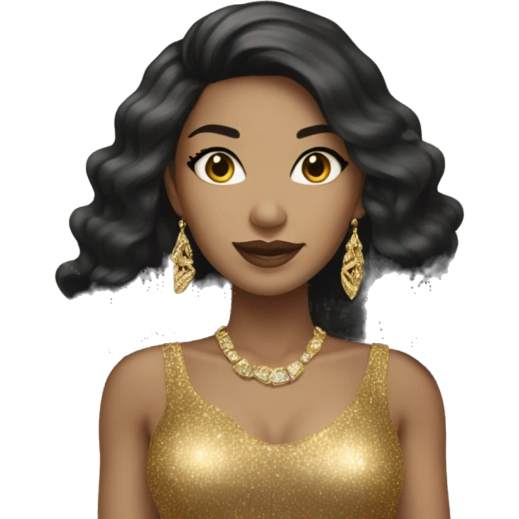 light skin woman with black long hair in gold sparkle dress with gold jewelry emoji