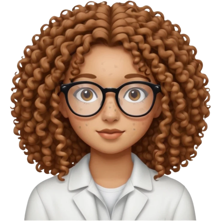 make a really curly hair, teen girl with glasses and little acne that looks like freckles longer like more than shoulder lengthcurly hair, and pretty withe makeup on giving clean girl vibes, and make her have tan skin

 emoji