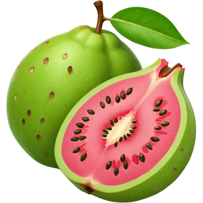 whole round or pear-shaped guava with smooth light green skin alongside a halved piece revealing bright pink or pale yellow flesh speckled with tiny edible seeds, soft juicy texture, gently uneven surface, no leaves, plate, or extras, soft lighting, subtle shadows, emoji scale emoji