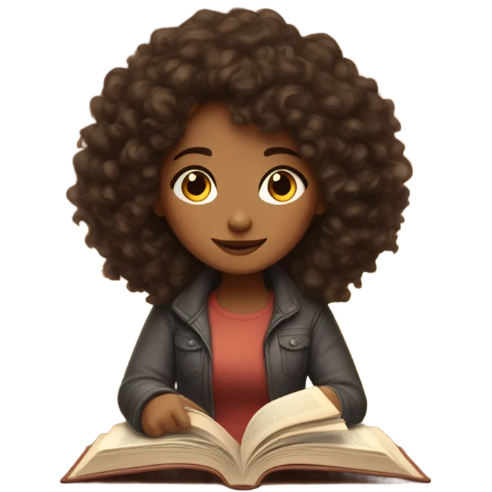 brunette curly hair reading a book cozy aesthetic emoji