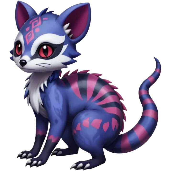 Rare warm-colored exotic gloomy tropical edgy cute epic aesthetic spooky indigo purple white black red gothic colorful Salandit-Furret-Espurr-Meowstic-Civet-species-Fakemon-hybrid-creature, with tribal tattoo markings, full body emoji