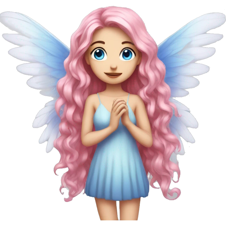 big wings, rose, Beautiful, fairy, pink, long hair, blue eyes  emoji