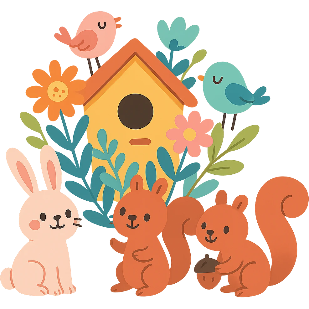 birdhouse with flowers and forest creatures including bunnies, birds, and squirrels, soft pastel colors, transparent background emoji