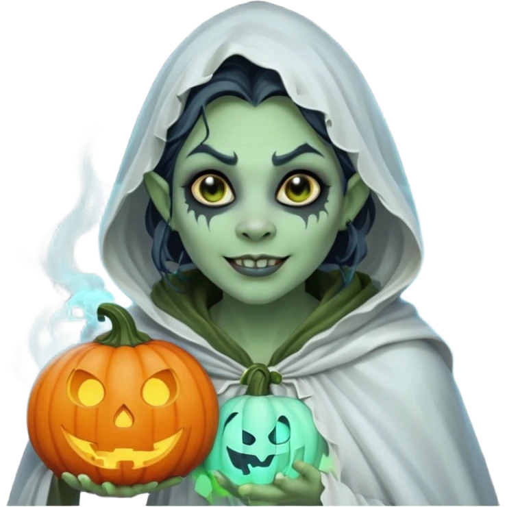 female orc ghost emoji, green skin, tusks, gentle smile, wearing flowing white ghost cloak with black eye holes, holding pumpkin lantern, faint glowing blue mist, Halloween fantasy, smooth Apple emoji style, white background, square emoji