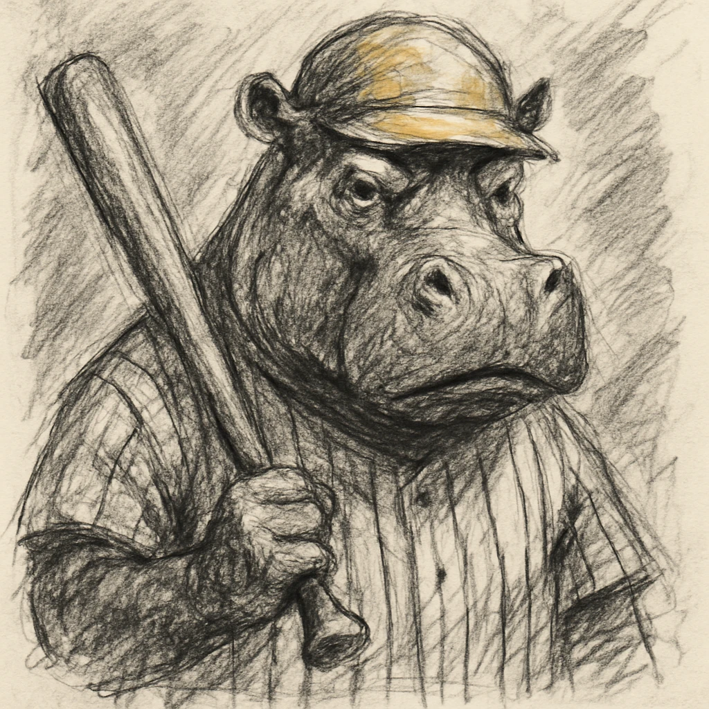 hippo holding a baseball bat, wearing a yellow helmet, pinstripes outfit emoji