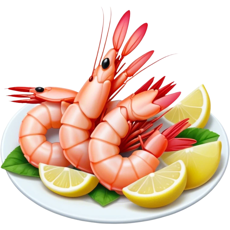 Cinematic glistening shrimp, pink and juicy, slightly curled with a light char, served with lemon wedges, ultra-detailed and fresh, warm glowing background. emoji