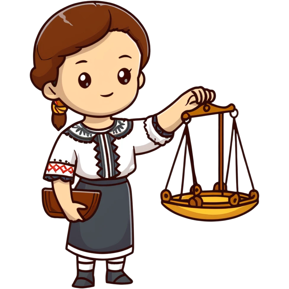 Ukrainian girl with brown hair wearing traditional embroidered shirt (vyshyvanka) holding scales of justice in her hand emoji