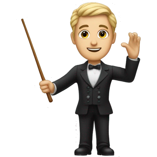 The upper part of a conductor from behind, raising the baton to lead an orchestra with the baton clearly seen. emoji