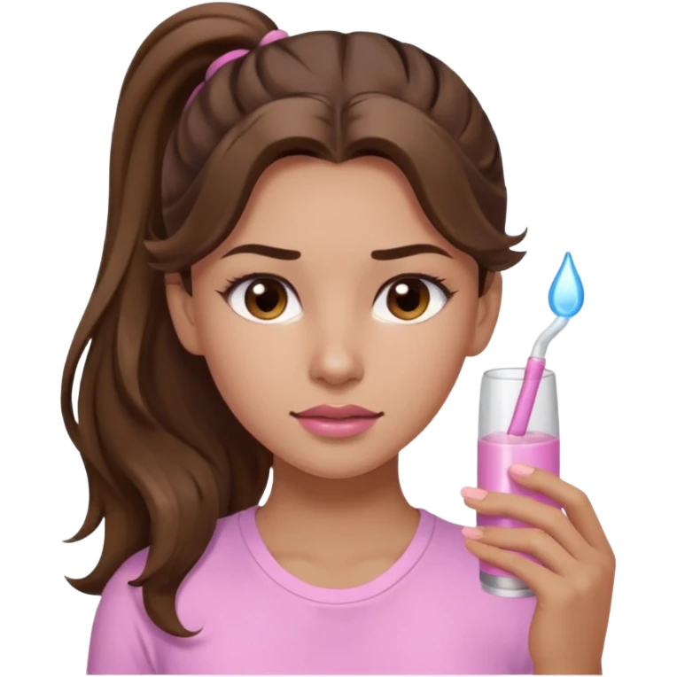 girl with wavy long ponytail brown hair, brown eyes, light to medium complexion, long lashes, light pink lipstick, wearing light pink shirt, in a hot sauna emoji