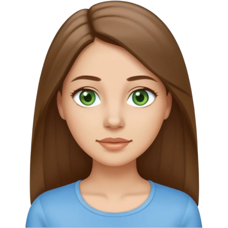 Adult woman avatar, light skin tone, oval face, straight long ash-brown hair, green eyes, neutral mouth, sky blue top emoji