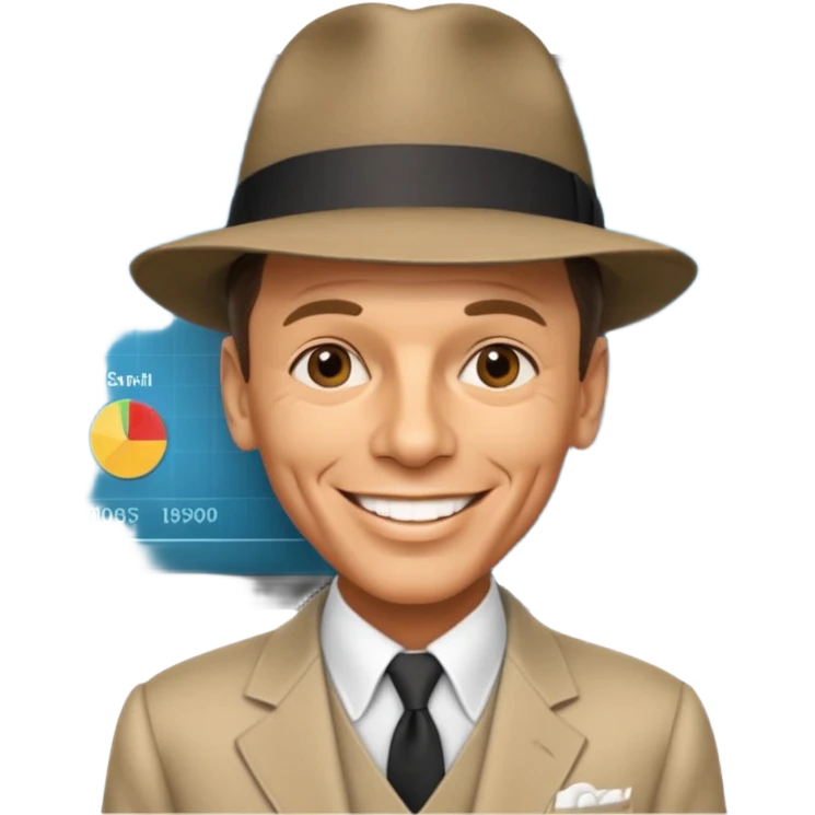 Frank Sinatra with the hat on, smiling and showing data analytics on a screen in the background emoji